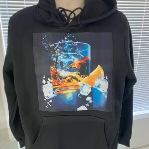 Black Graphic Hoodie with Ice and Drink Design